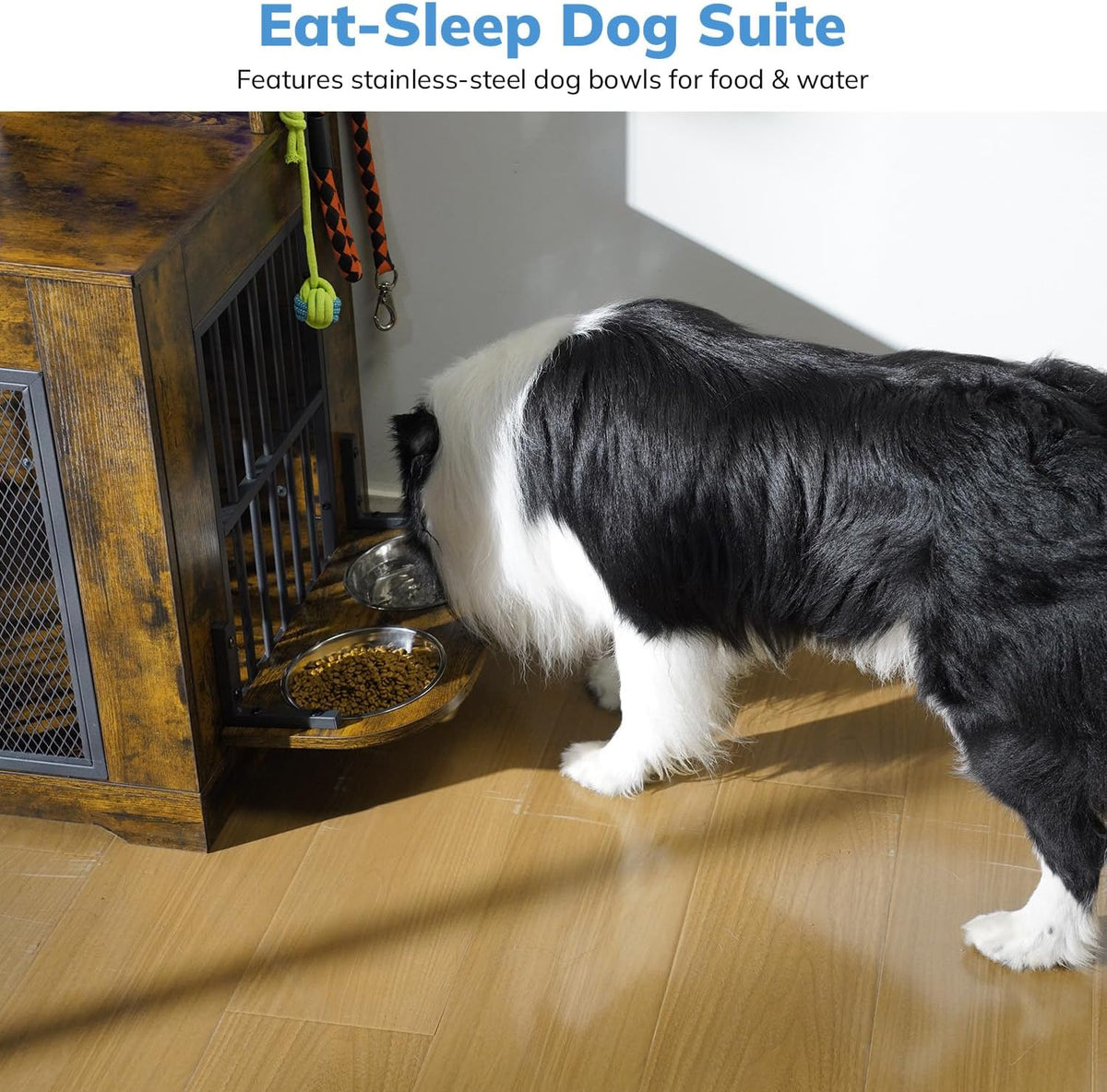 Side view of dog eating from two mounted stainless bowls pulled out from the wood-and-steel crate console