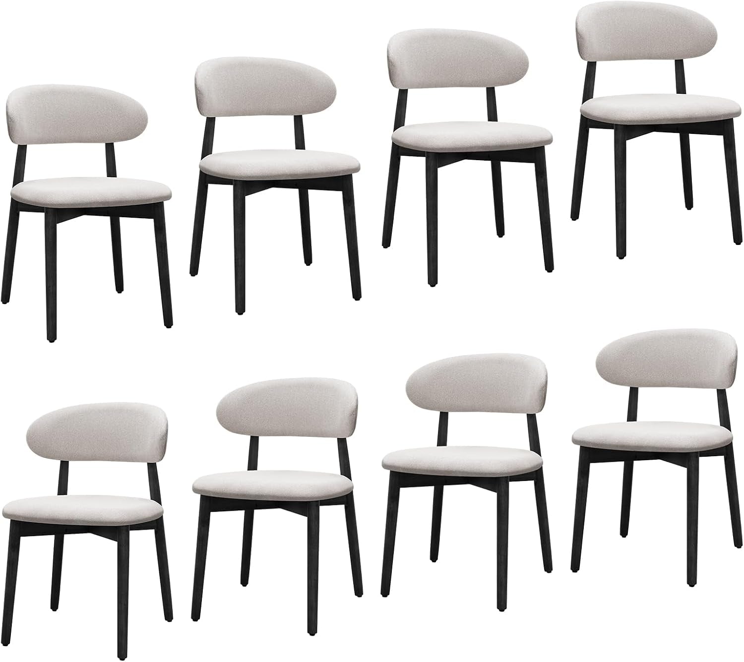 Eight pale gray curved-back dining chairs with black frames arranged on white.