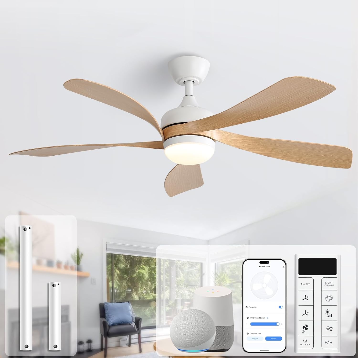 Light-wood five-blade ceiling fan with white motor housing installed in a bright living space.