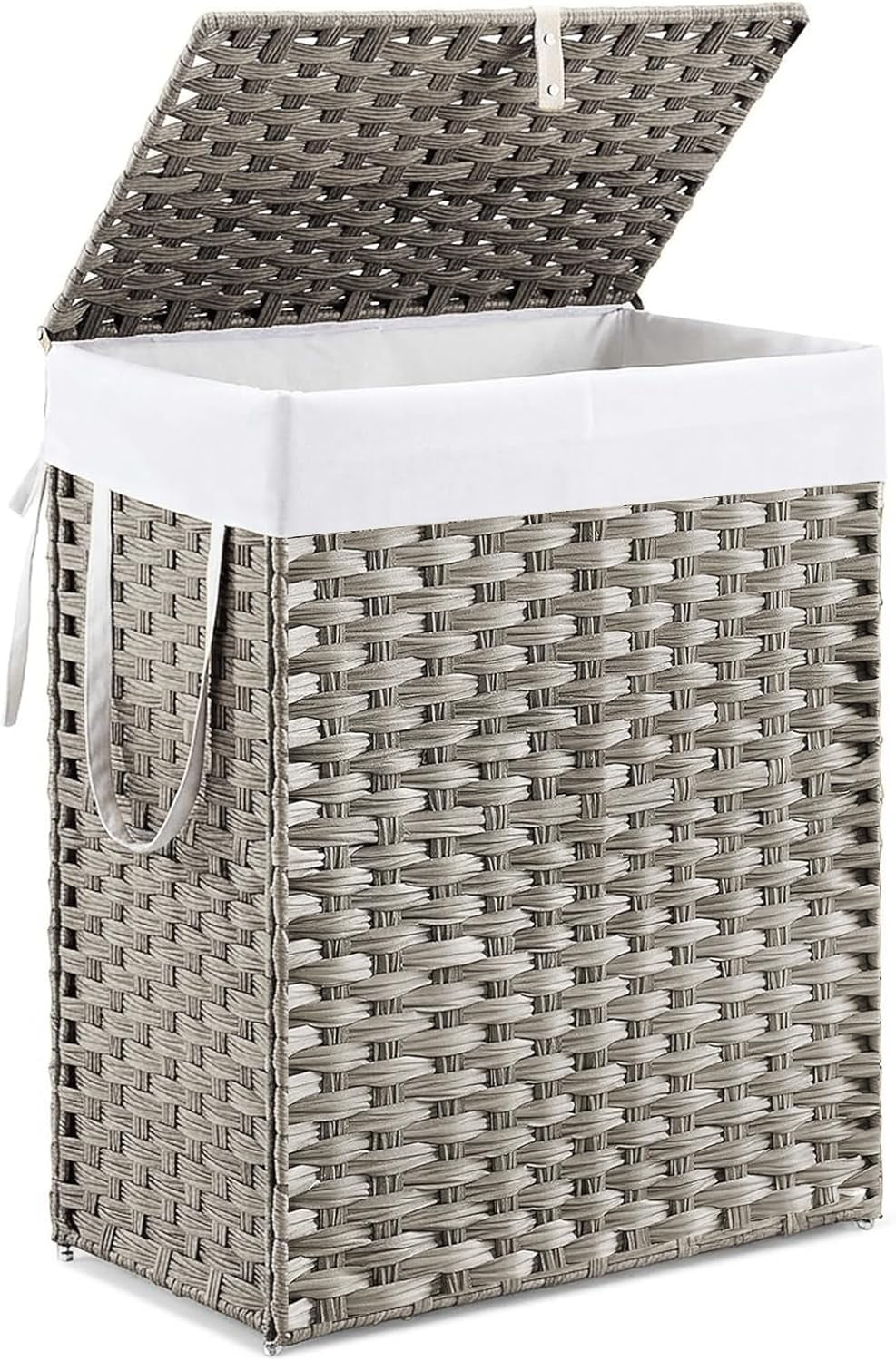 Light-gray woven hamper variant with lid open showing white liner rim and side handle