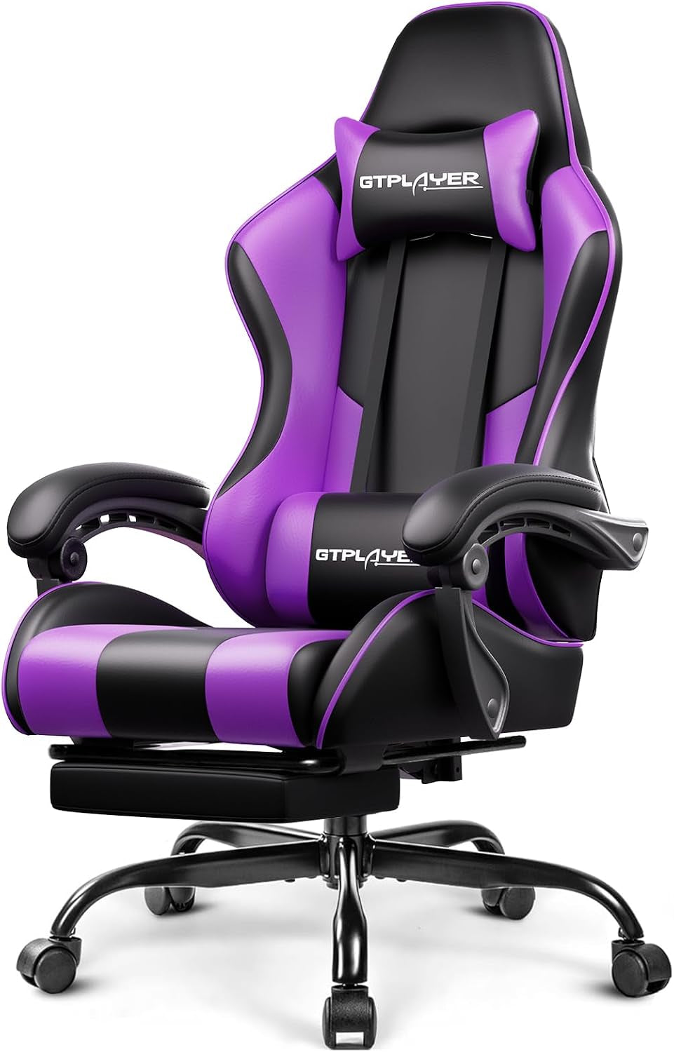 Purple and black high-back gaming chair with head and lumbar pillows, retractable footrest visible beneath seat.
