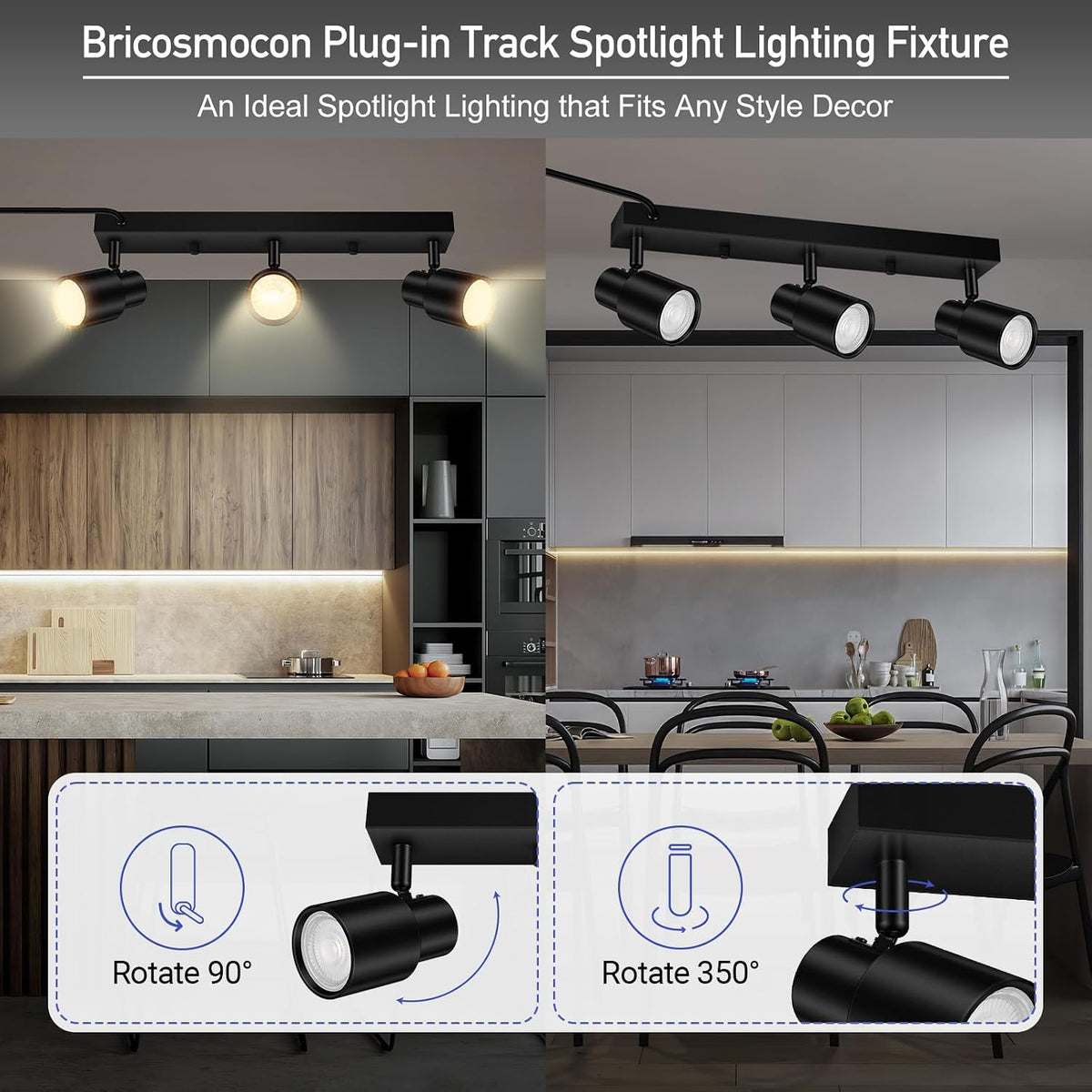 Kitchen and dining room examples with black three-light track lighting and rotation icons