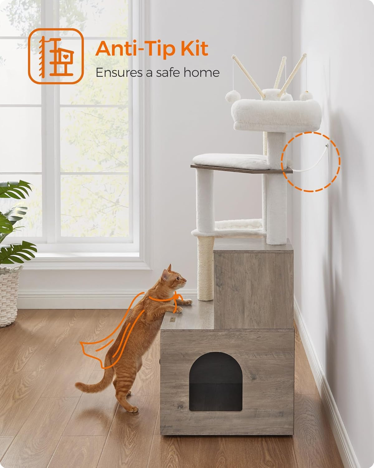 Room scene showing a multi-level cat tower against a wall with an orange cat stretching up the steps.