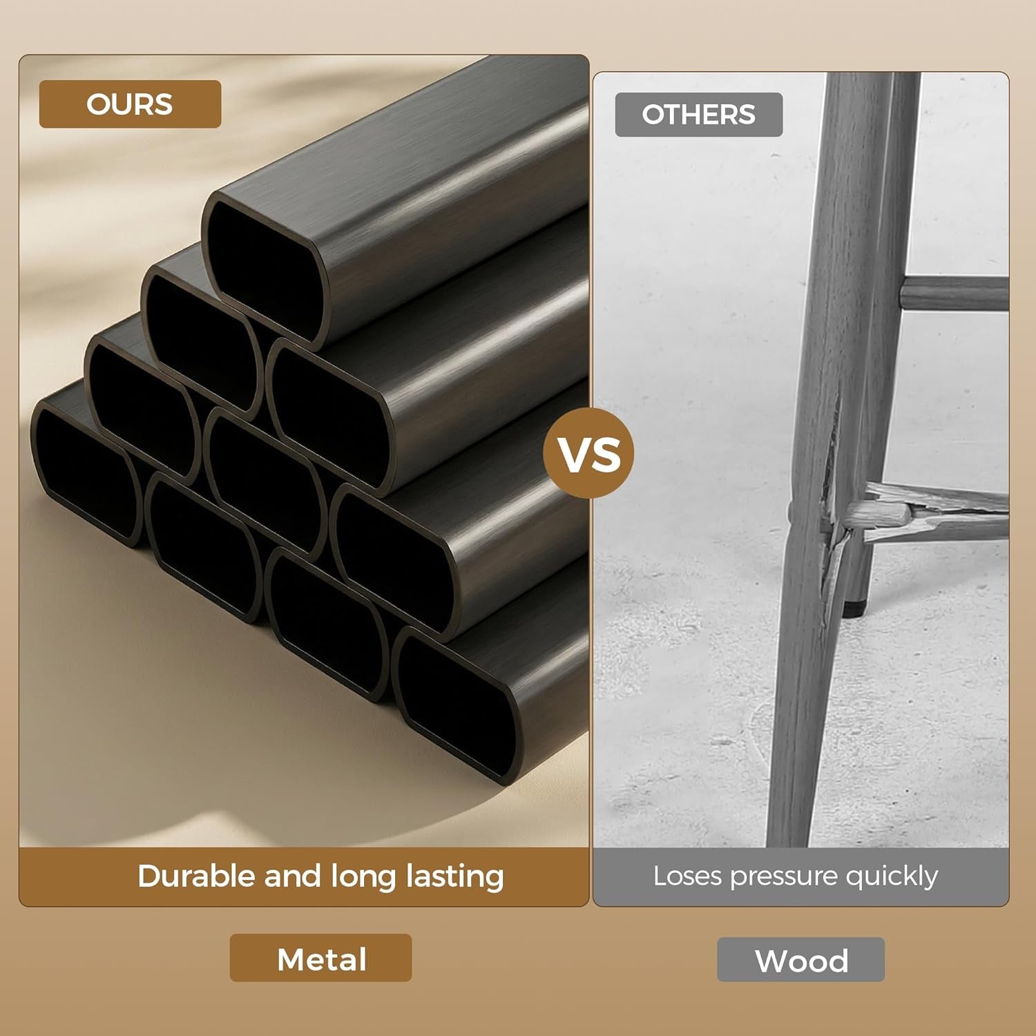 Close-up comparison of stacked hollow metal tubes on the left and a cracked wooden chair leg on the right.