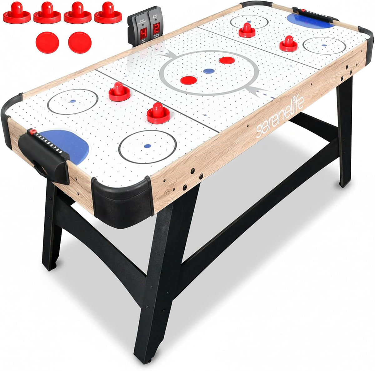 Angled studio shot of the air hockey table in a light wood finish with accessories above.