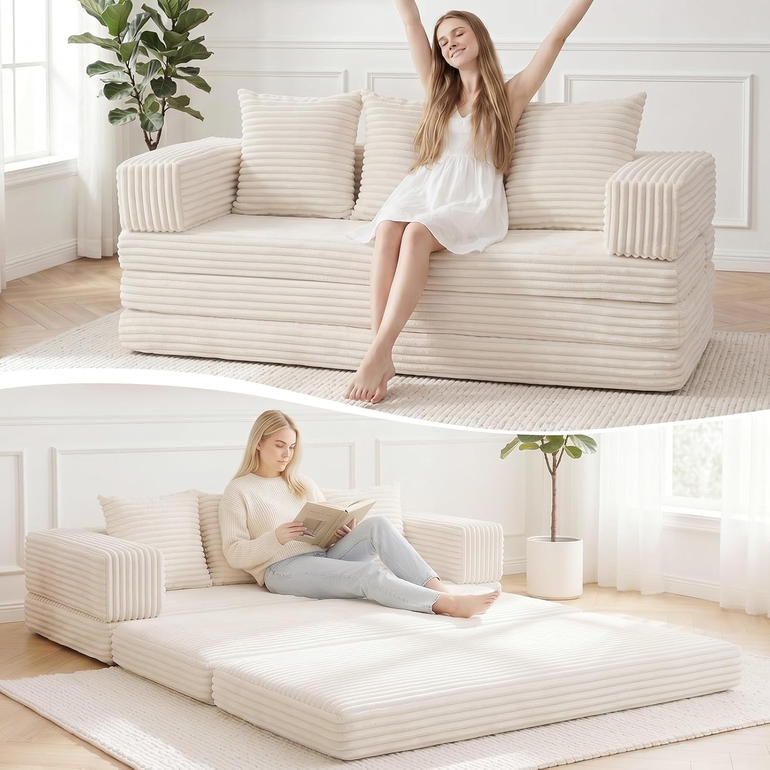 Light beige convertible floor couch shown as sofa above and folded out flat with a woman reading