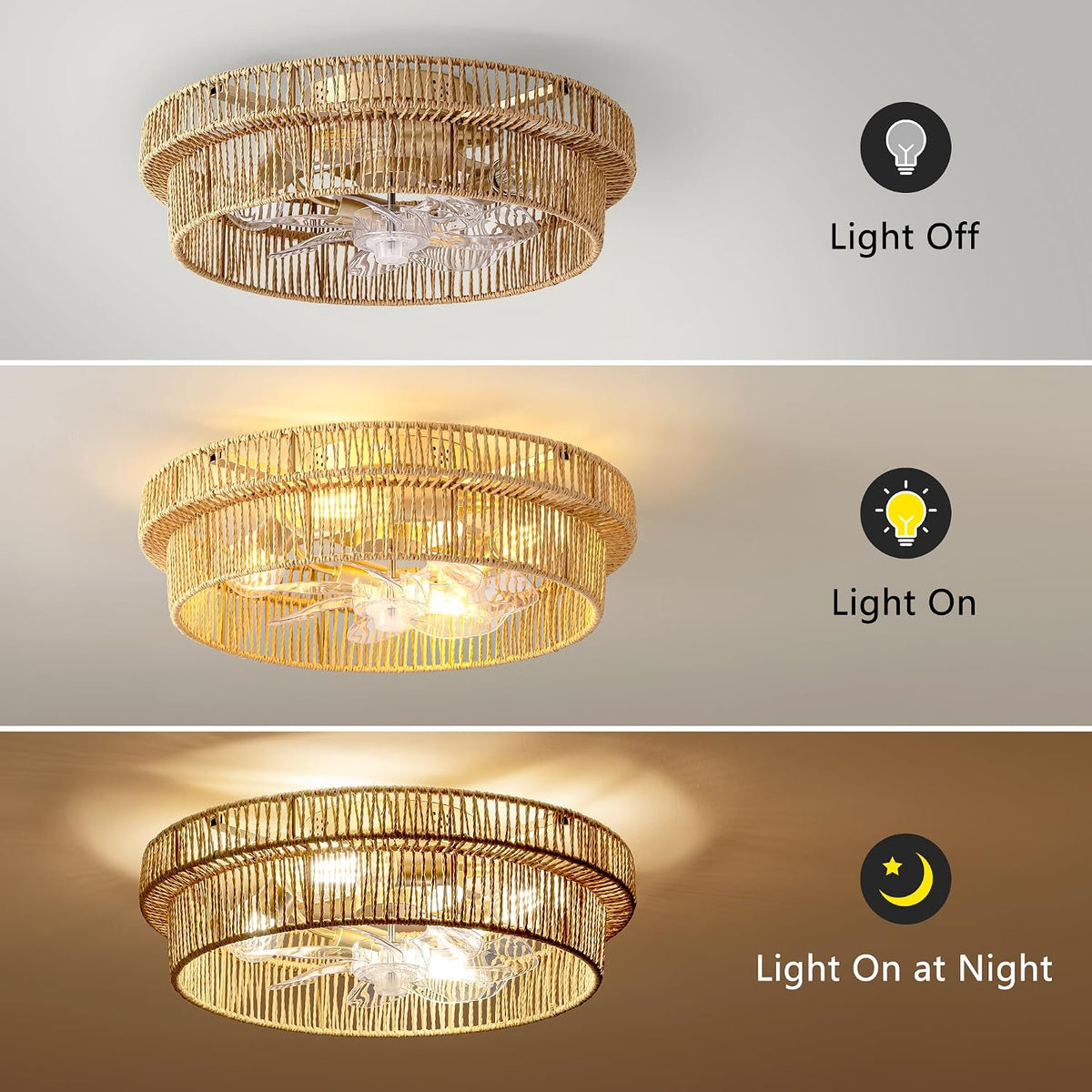 Split view of rattan flush-mount fan showing the woven shade with light off and light on
