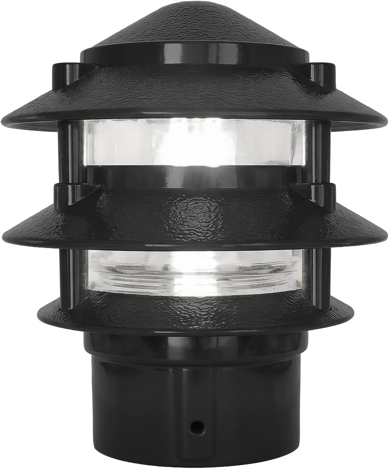 Front close-up of a three-tier outdoor path light with textured dark bronze metal shades and clear glass diffuser.