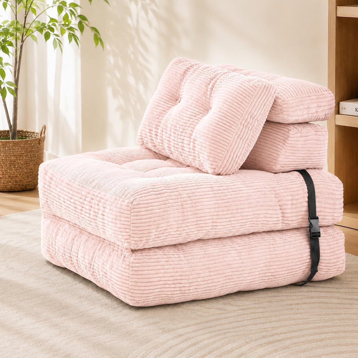 Light pink corduroy folding floor chair folded into a compact seat with black buckle strap visible.