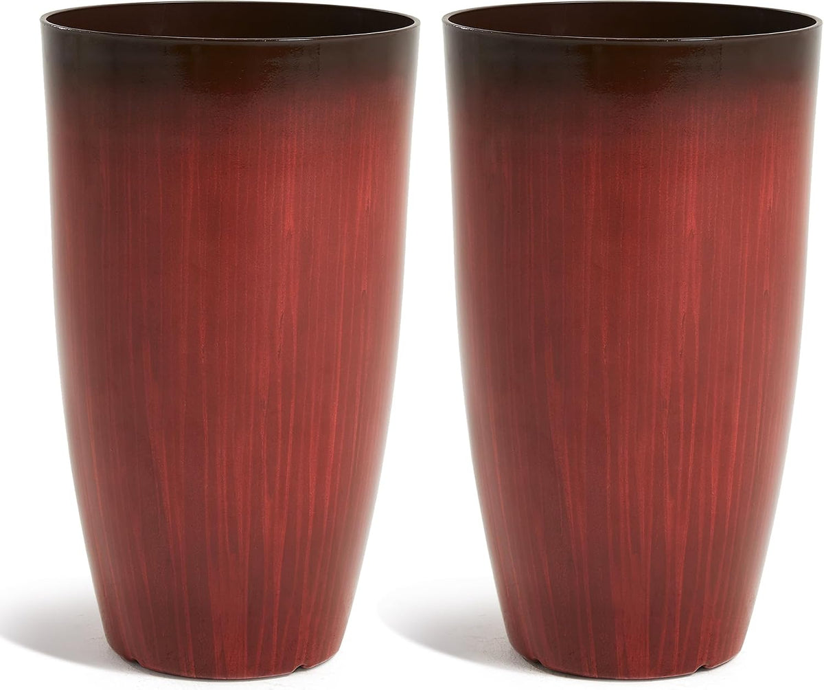 Two tall tapered outdoor planters in a matte red finish shown side by side on a white background.