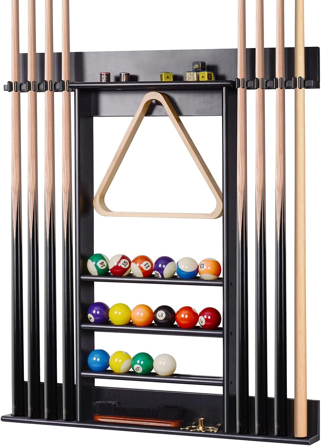 Front view of a black wall-mounted pool cue rack holding eight cues, three ball shelves, triangle rack and accessories.