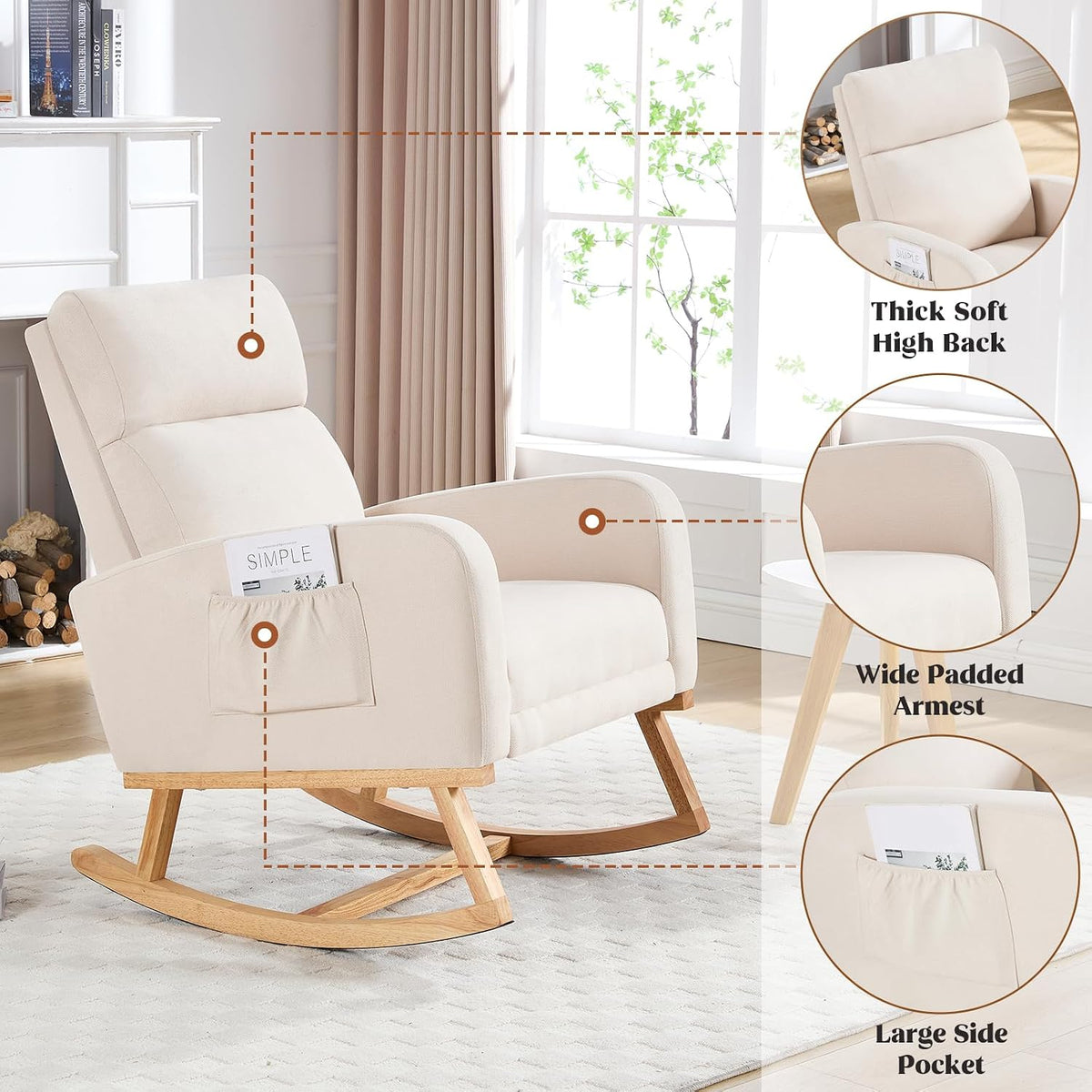 Beige upholstered rocking chair with wooden rockers and side pocket in a bright living room.