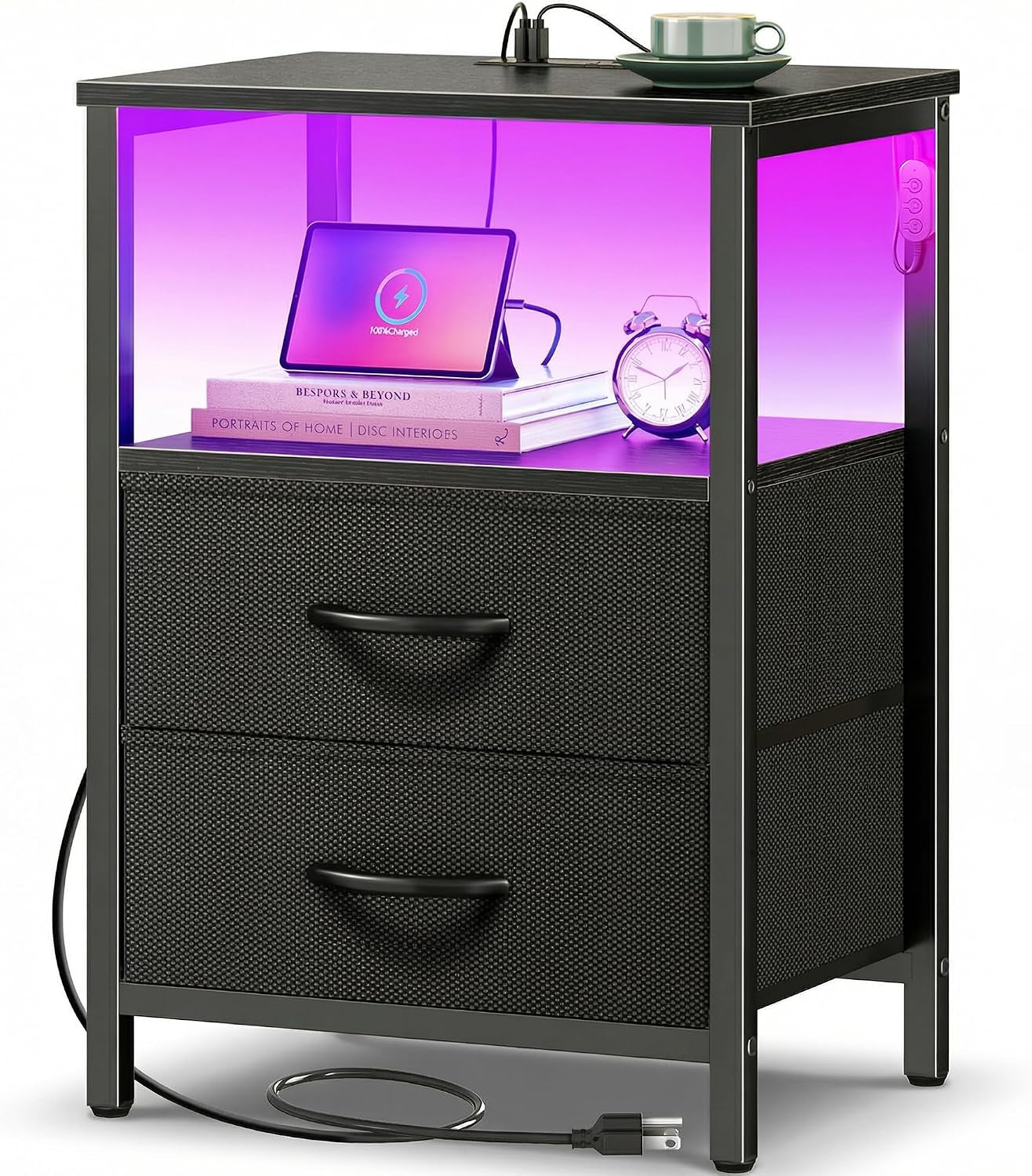 Black nightstand front view showing two fabric drawers, open illuminated shelf and top with charging ports