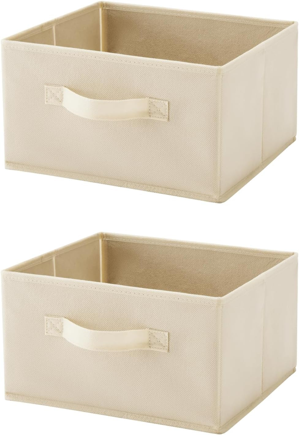 Two beige square fabric storage bins with front loop handles shown from a slight angle.