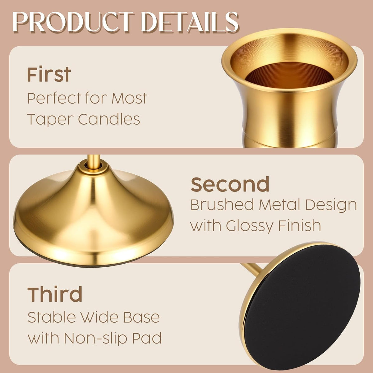 Close-up collage of gold candle cup, brushed metal base and black non-slip velvet pad