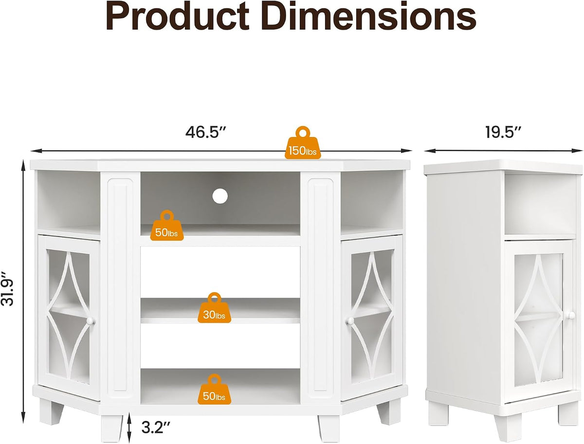 Dimension diagram of the white corner TV stand showing 46.5" width, 19.5" depth and 31.9" height