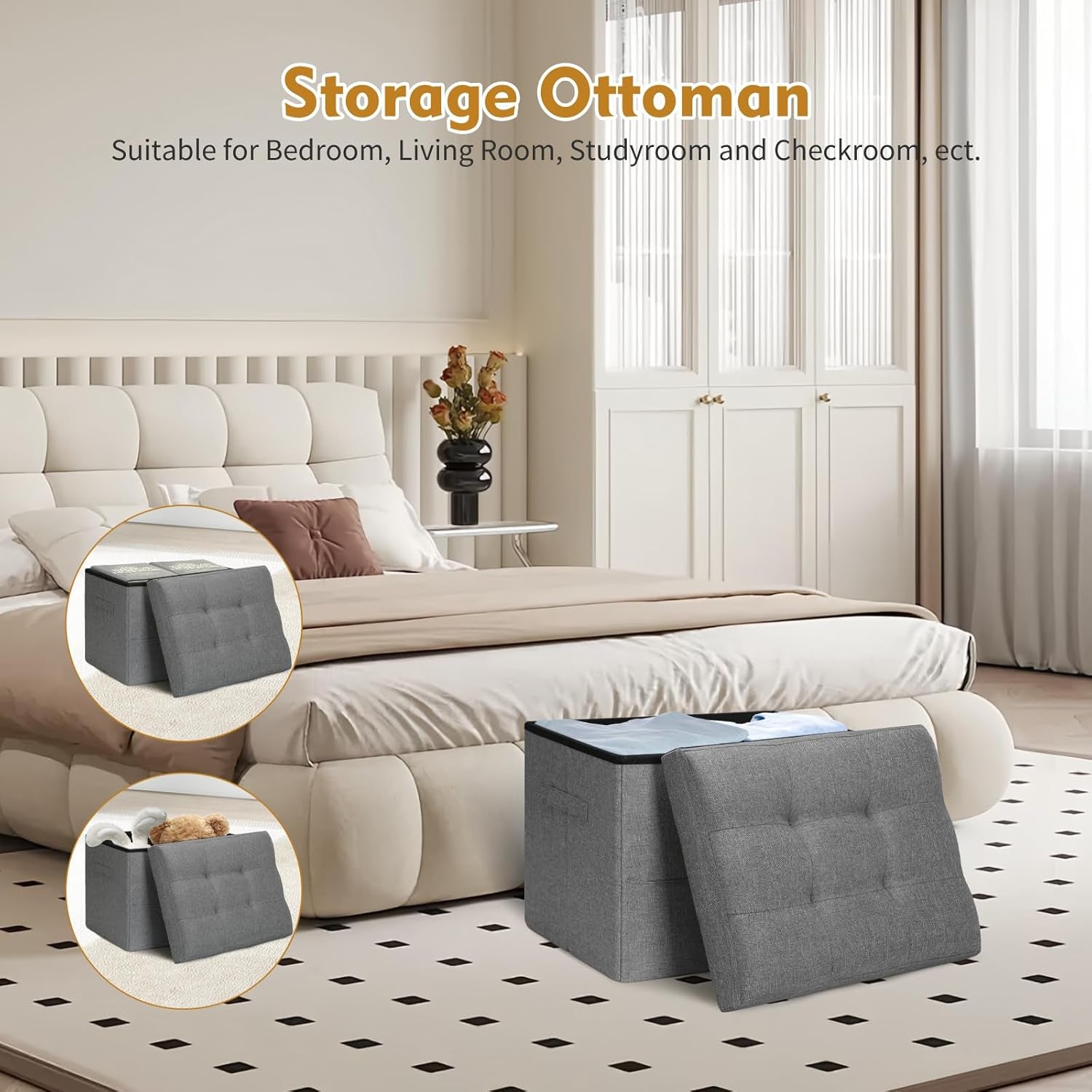 Two gray storage ottomans shown in a bedroom setting with one lid removed to show interior storage