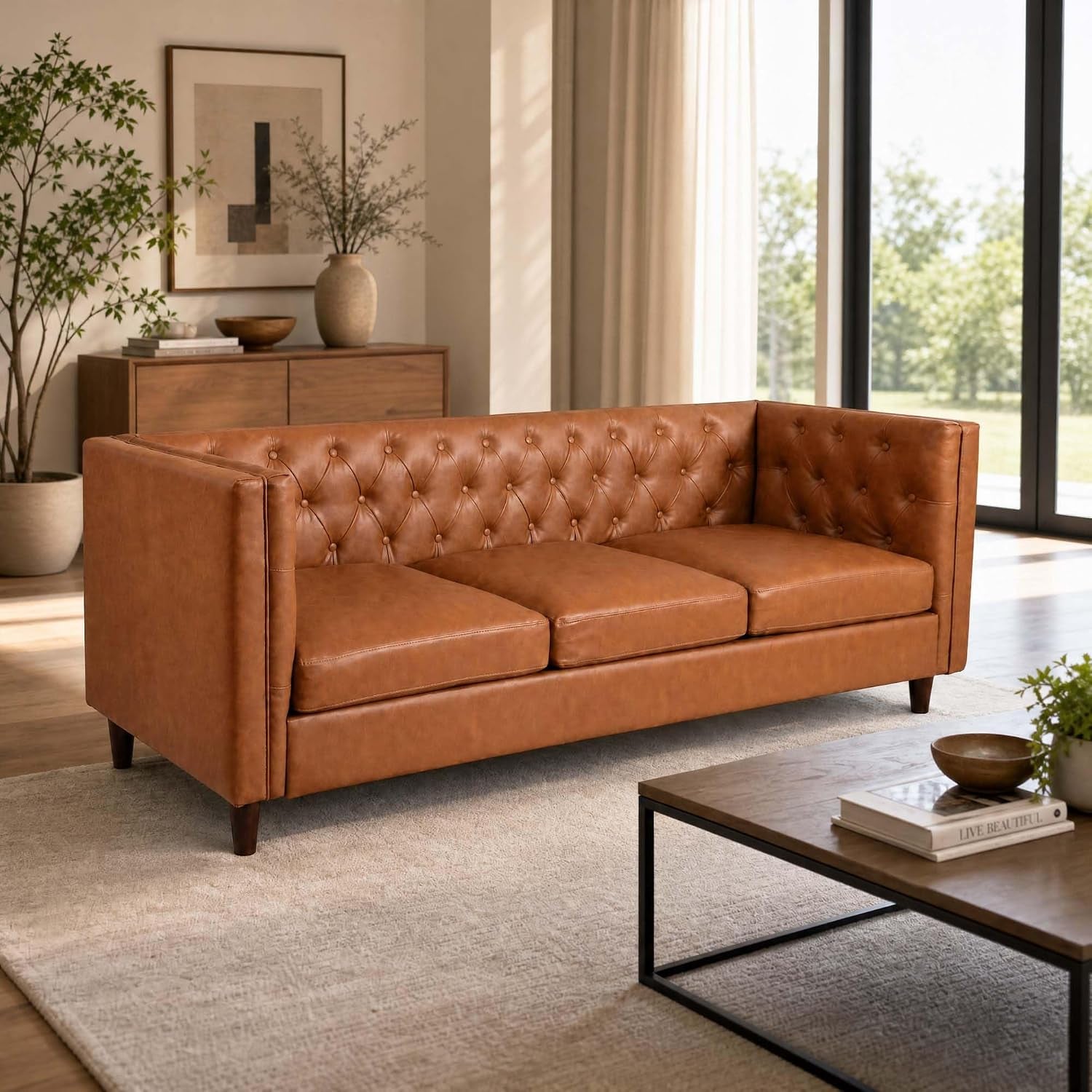 Cognac button-tufted three-seat sofa in a neutral living room with wood coffee table.