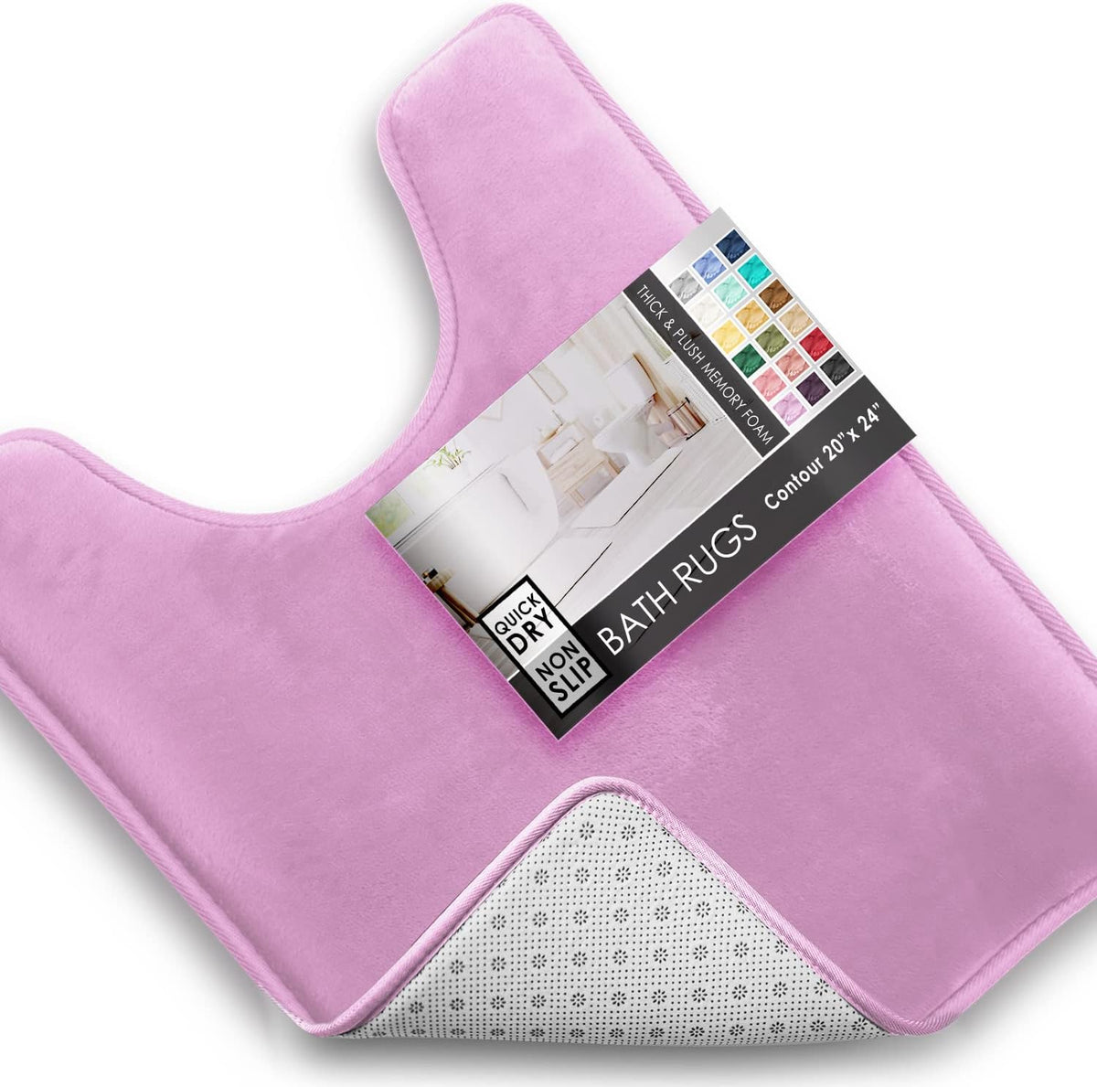 Pink U-shaped contour rug with packaging label and a folded corner revealing the flower-pattern non-slip backing