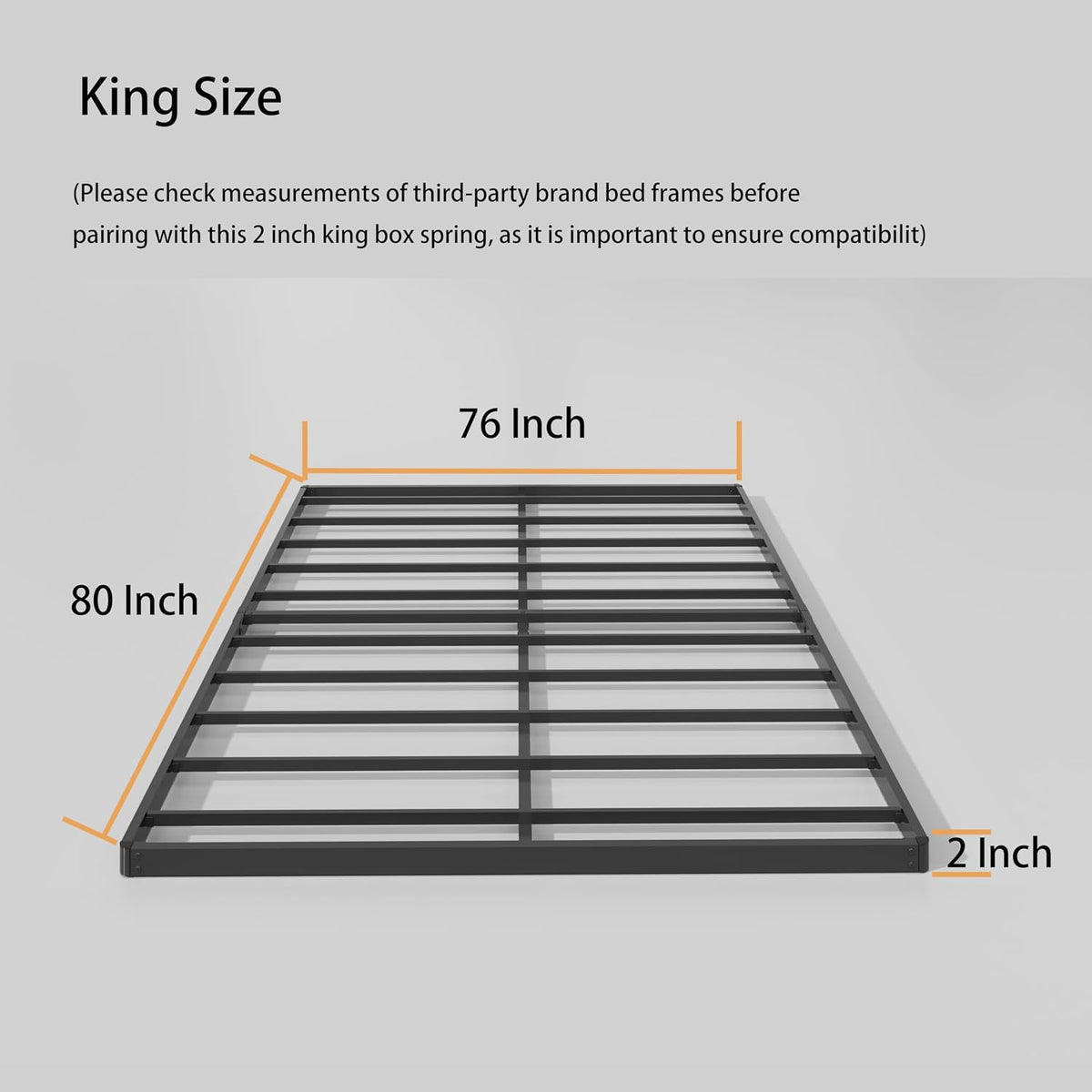 Top-down king-size diagram of the black metal box spring showing slats and a 2-inch profile callout