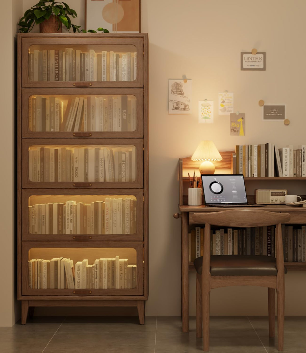 Tall four-tier wooden bookcase with glass-front doors beside a small desk and lit lamp