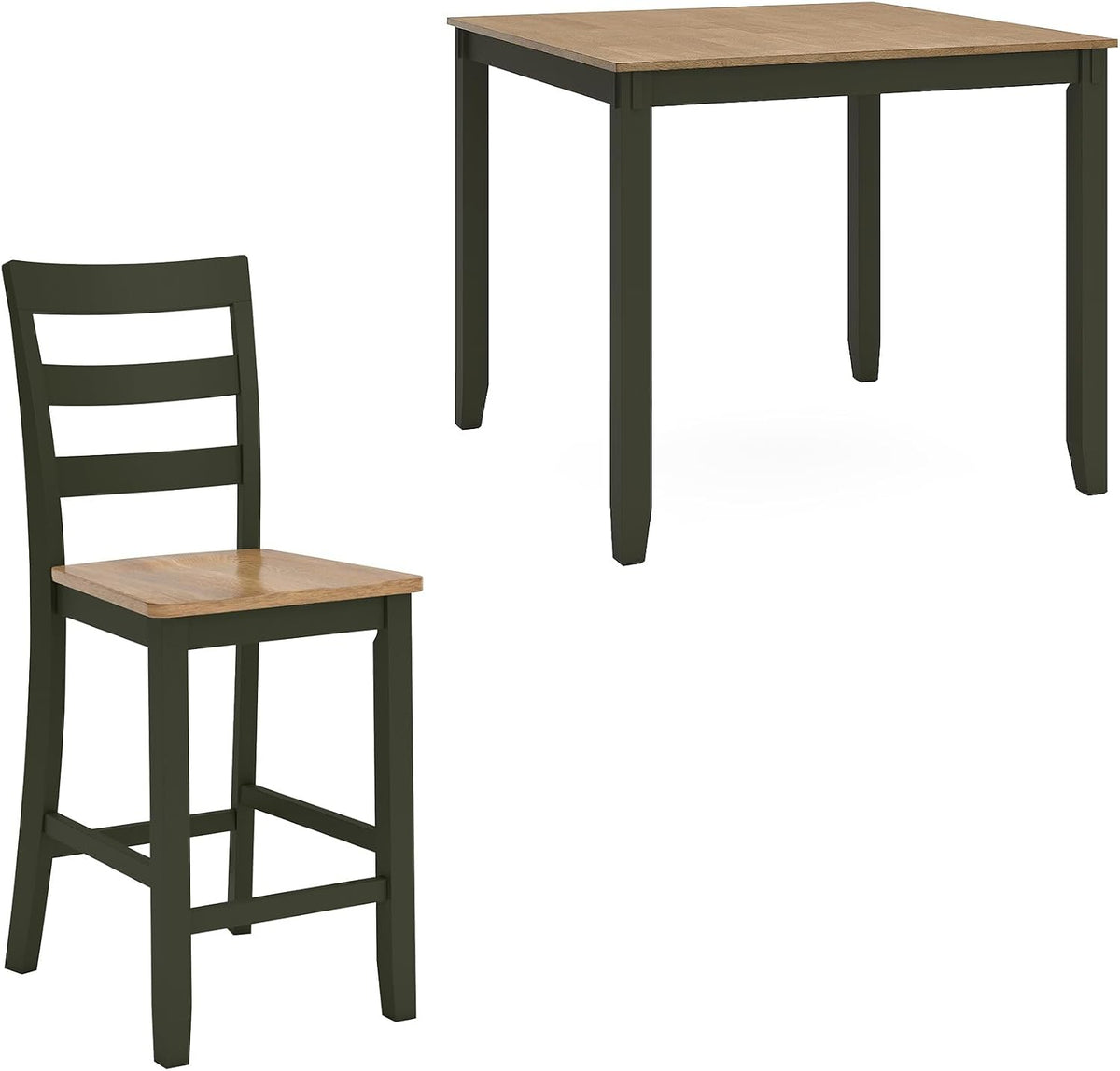 Olive-green ladder-back counter chair alongside an olive-green square table, natural wood seat and tabletop.