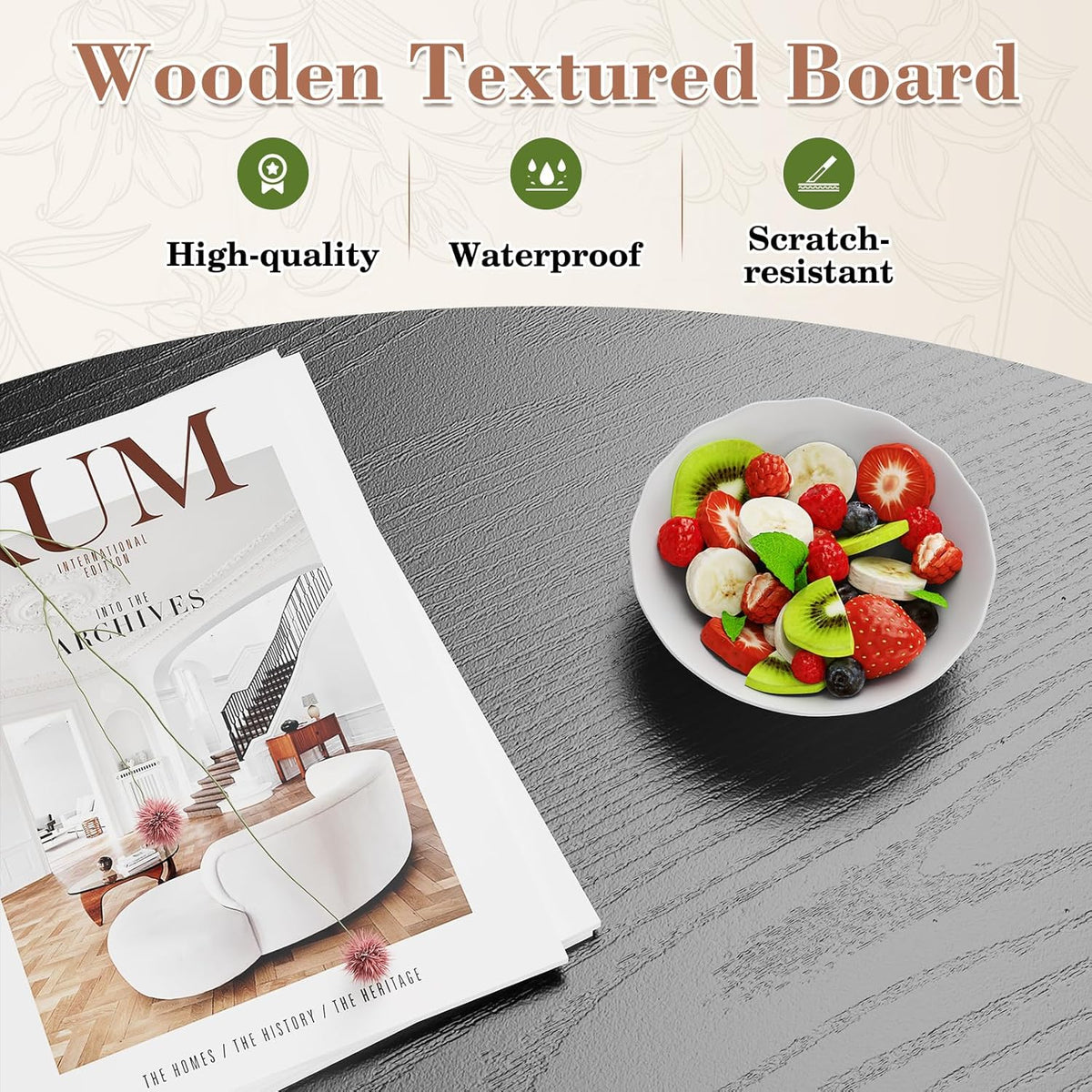 Close-up of wood-textured tabletop surface in black with magazine and bowl