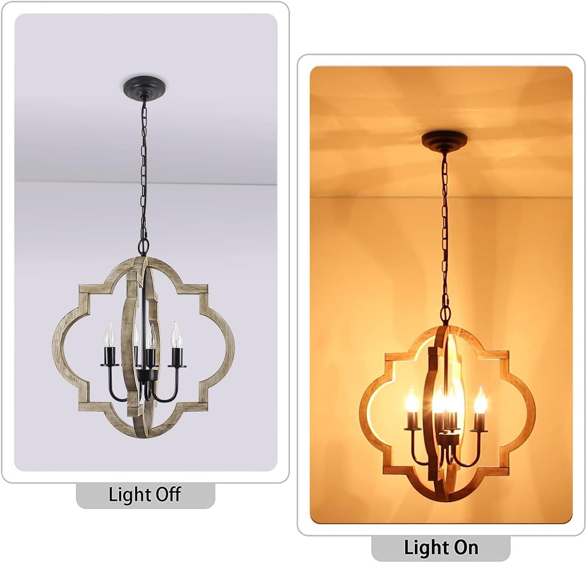 Side-by-side light-off and light-on views showing warm illumination through the wood-finish orb frame