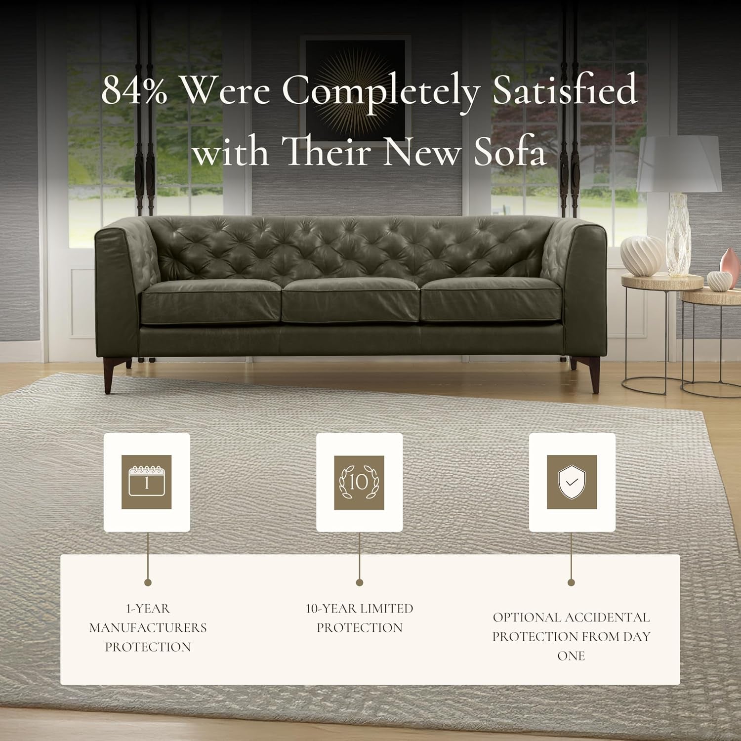 Poly & BARK Essex 89” Full-Grain Italian Leather Sofa – Tufted Back, Feather-Down Comfort, Solid Wood Frame, Olivine Green