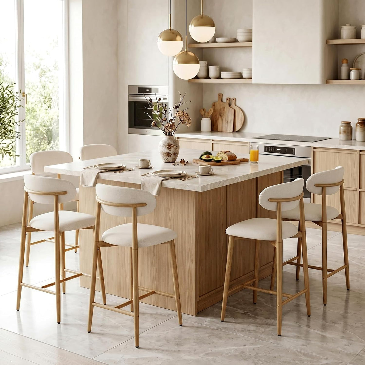MOLENE Metal Bar Stools Set of 2, 26″ Counter Height Bar Stools with Backs, Mid Century Modern Upholstered Barstools for Kitchen Island, Dining Room, Beige