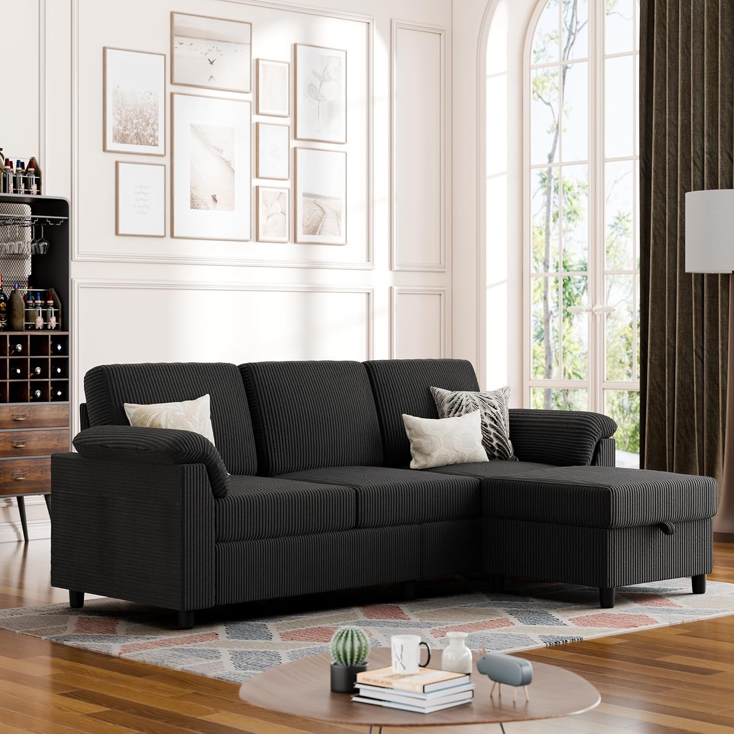 Convertible Sectional Couches, 3 Seat L Shaped Couch Sofa with Removable Pillows Soft Corduroy Fabric Small Couch Mid Century for Living Room, Apartment and Office (Black)