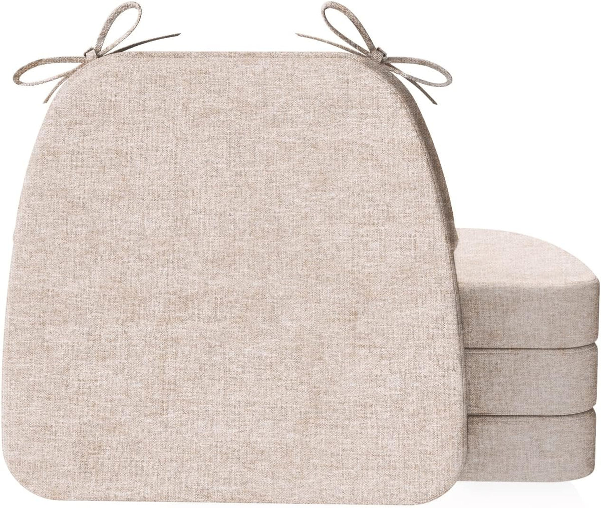 Front and side view of two D-shaped oatmeal beige chair cushions stacked, showing top ties