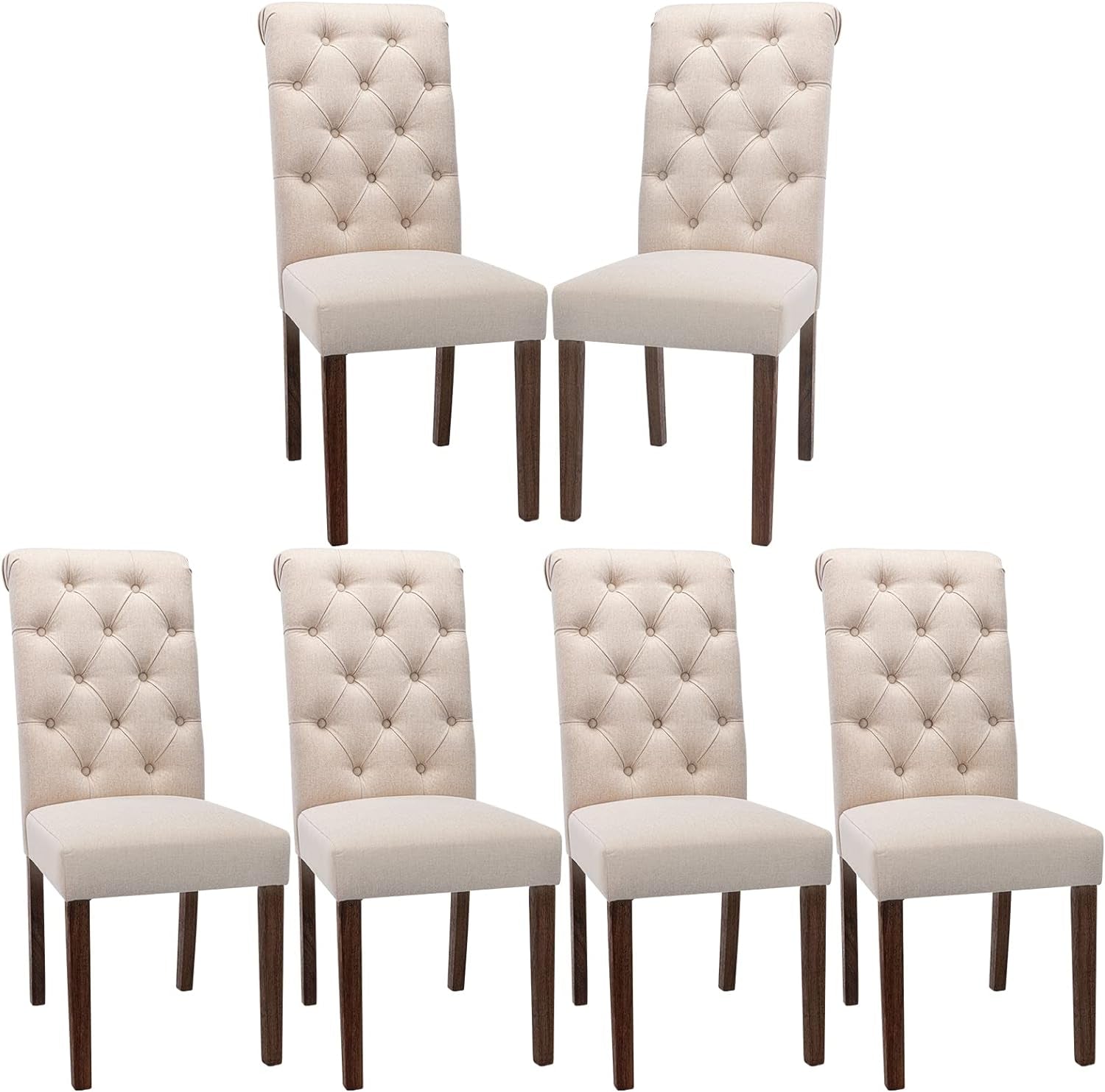 Six beige button-tufted Parsons chairs arranged in two rows showing the full set