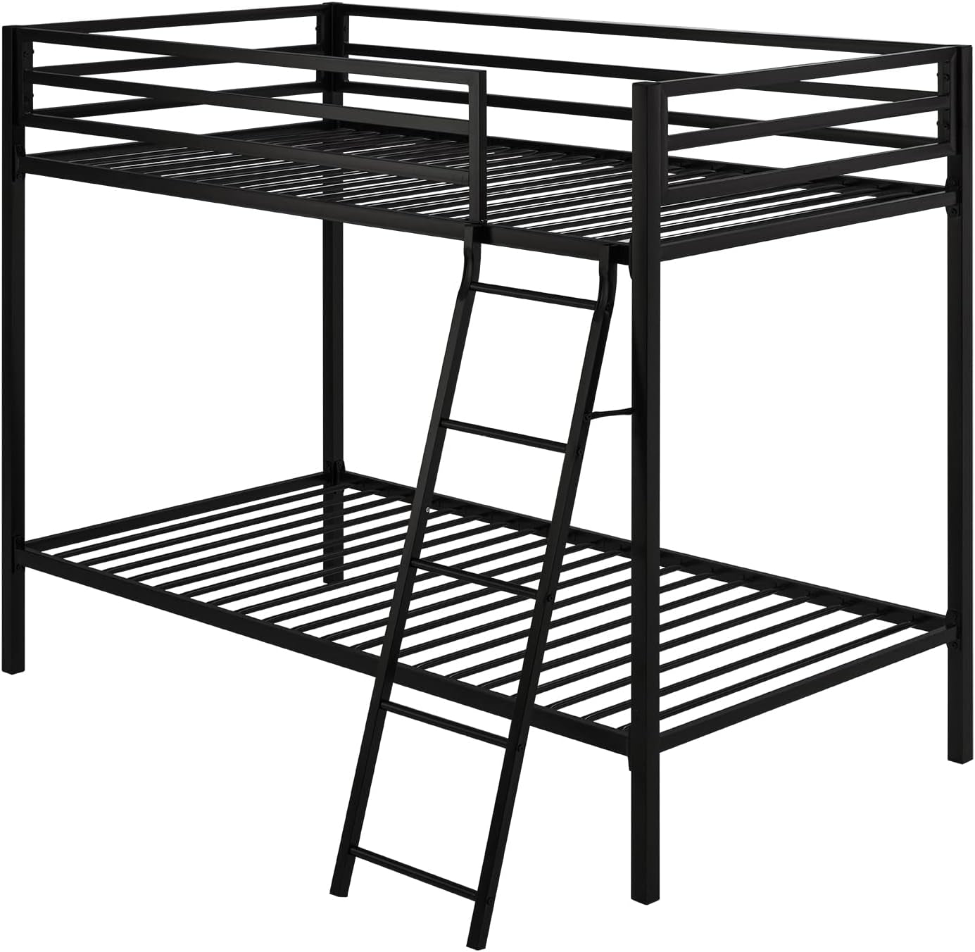 Three-quarter angled view of the black metal bunk bed showing top guardrails, slatted platforms and inclined ladder