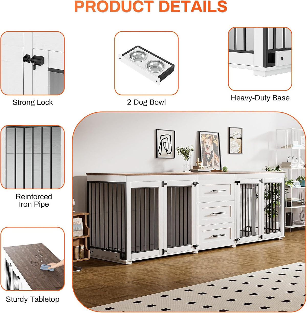 Collage of product details: lock, removable stainless bowls, reinforced iron bars and sturdy tabletop on white stand