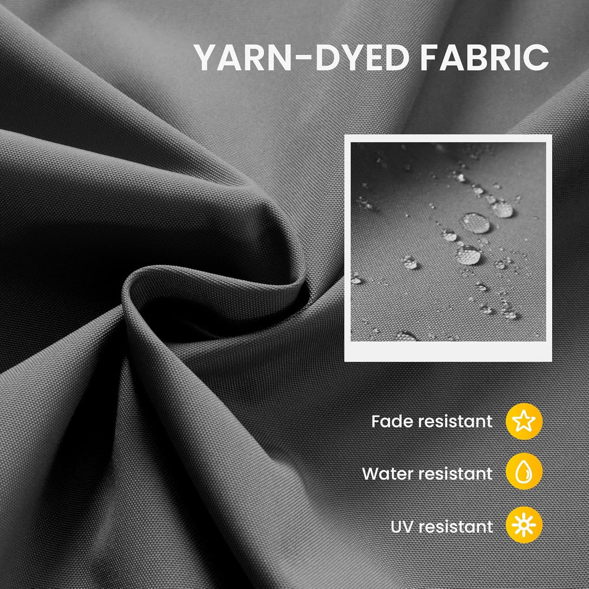 Tightly woven gray fabric draped in folds with a small inset showing water beading on the surface