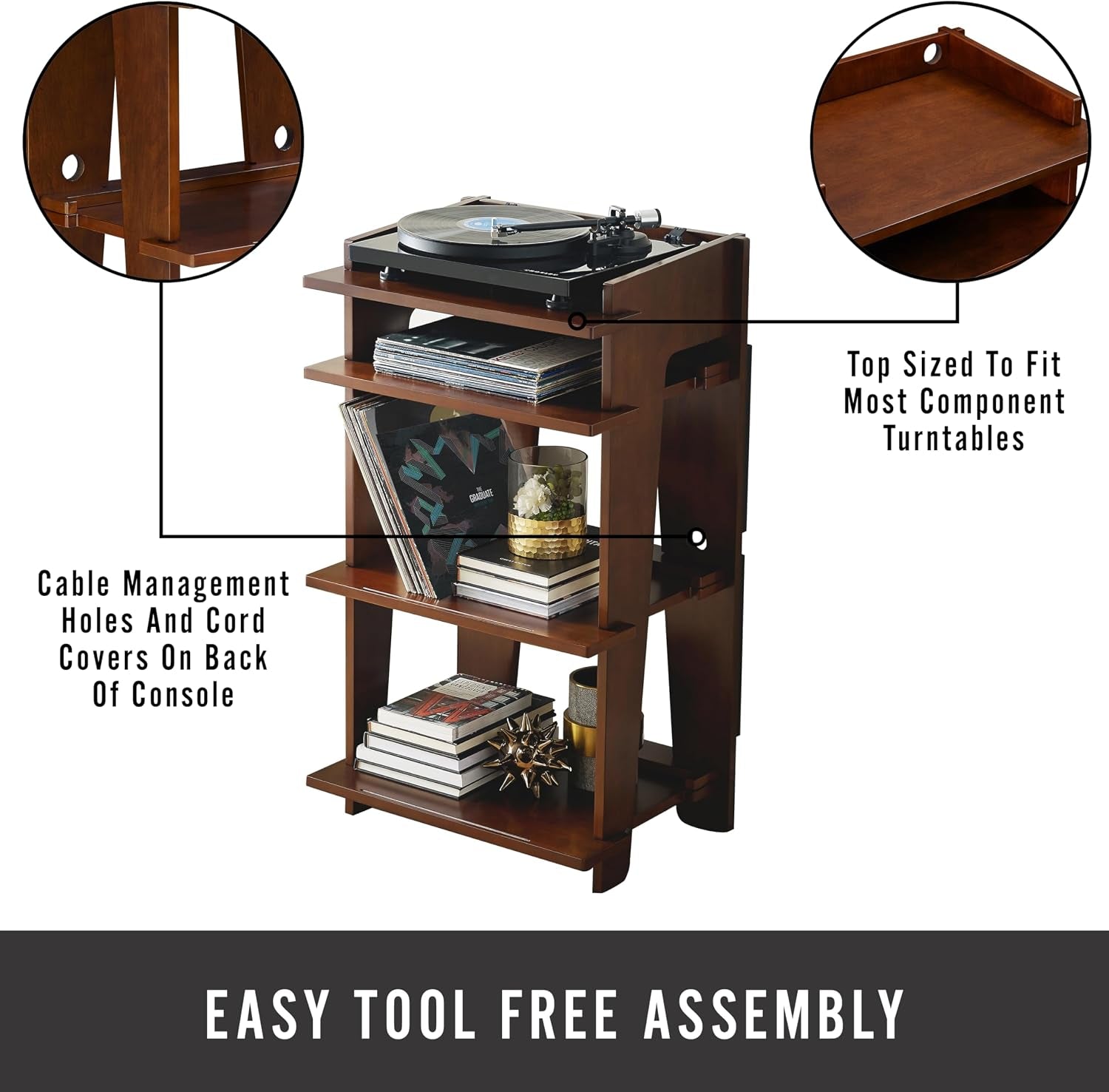 Product shown with turntable and vinyl, callouts highlight cable management holes and top shelf size.
