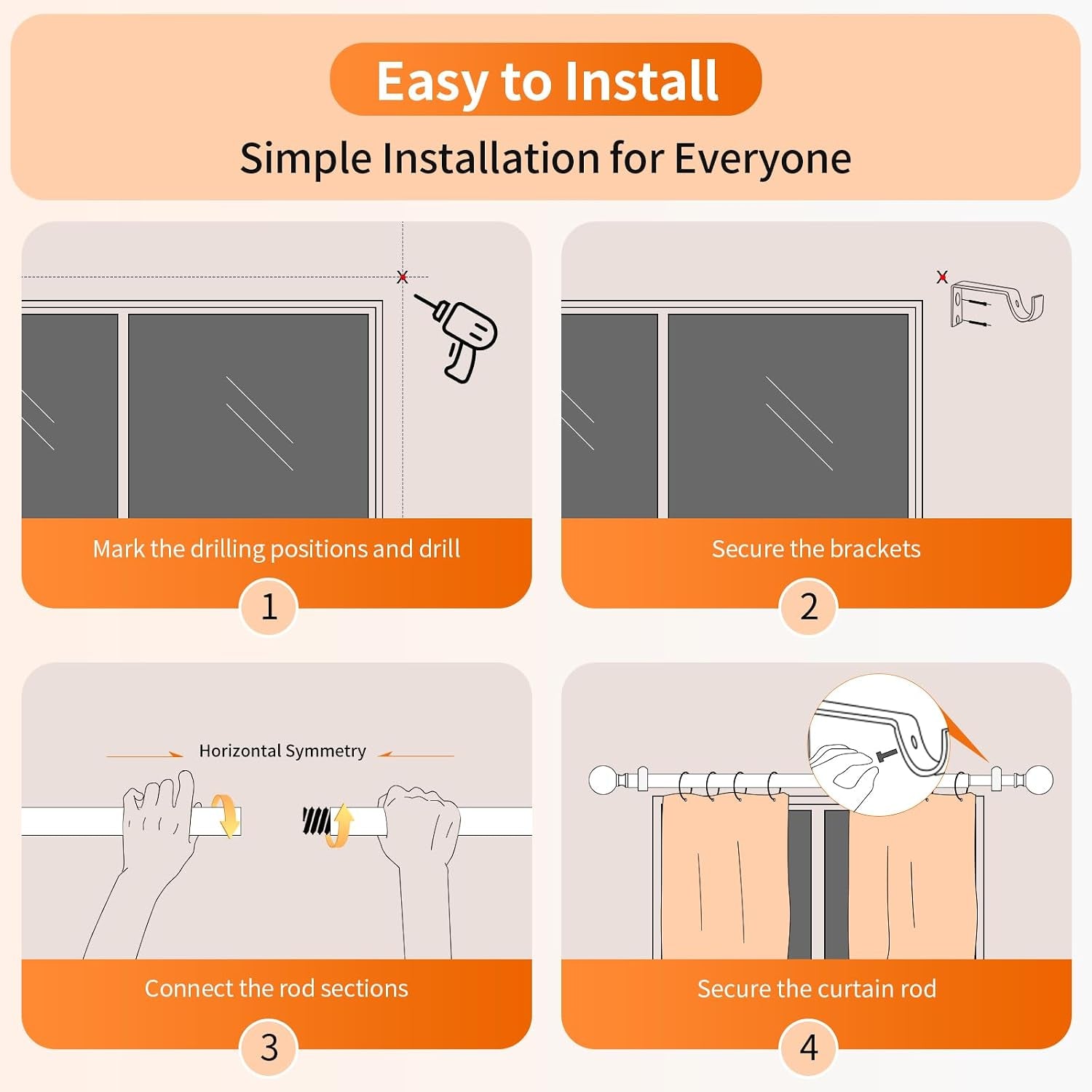 Four-step illustrated instructions showing where to drill, mount brackets, connect rod sections and secure the rod
