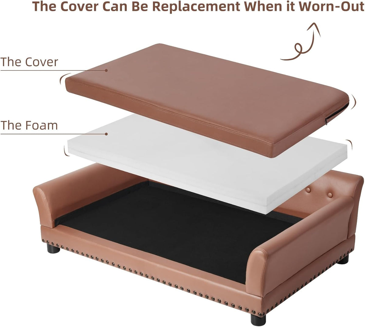 Exploded view showing the removable brown cover lifted above a white foam pad and the sofa base.