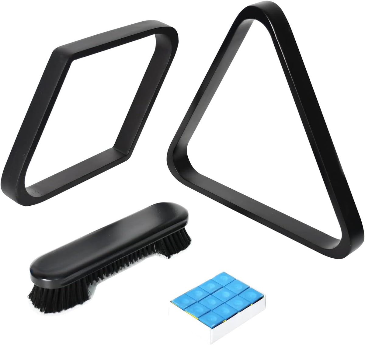 Two black triangular racks shown with a small brush and a box of blue chalk cubes on a white background.