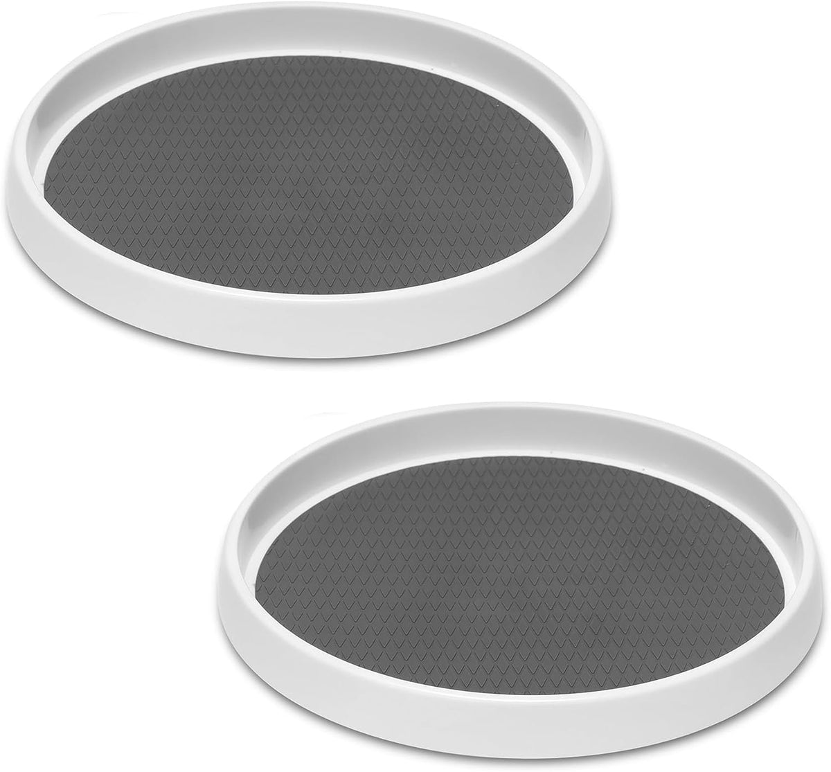 Two white-rim turntables with dark gray textured centers shown at slight angles on a white background