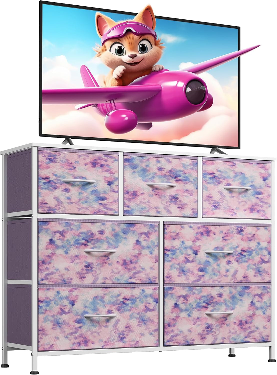 White-framed dresser with pastel watercolor-patterned fabric drawers and a TV showing a pink airplane scene