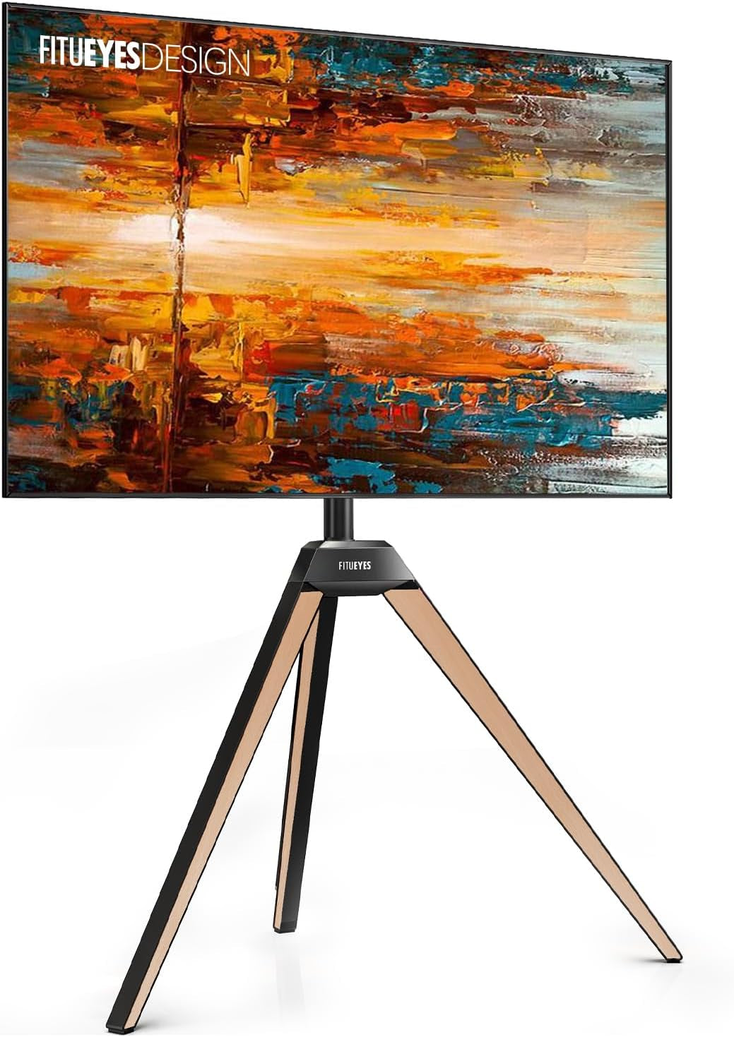 Studio image of a tripod TV stand with light beech-faced legs and a black central mount holding a flat-screen showing