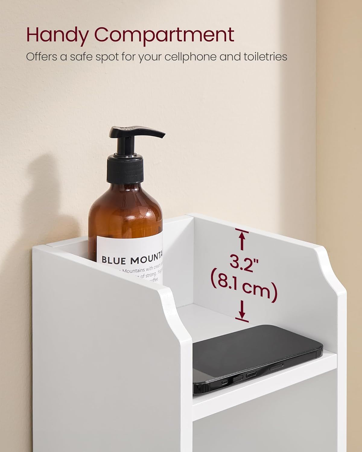 Close-up of the top compartment showing a bottle and a phone with a 3.2-inch internal height measurement.