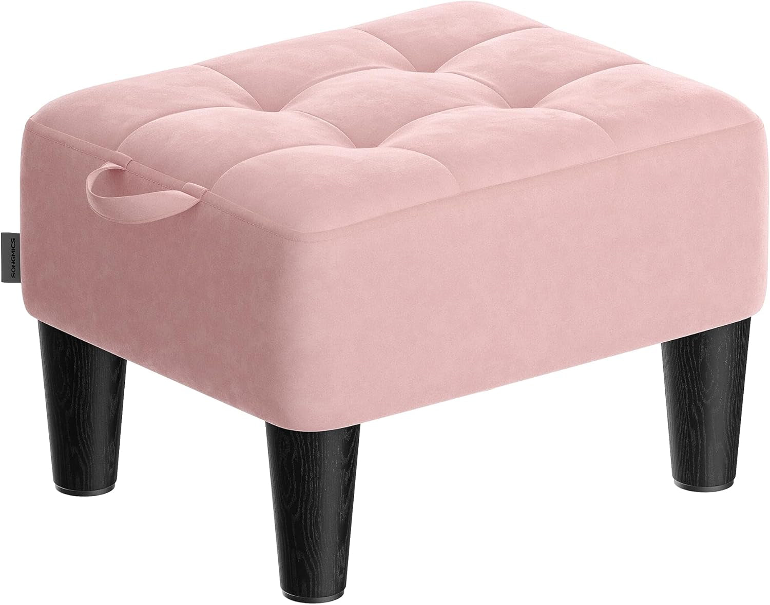 Small tufted rectangular ottoman in dusty pink with black tapered legs and fabric side loop