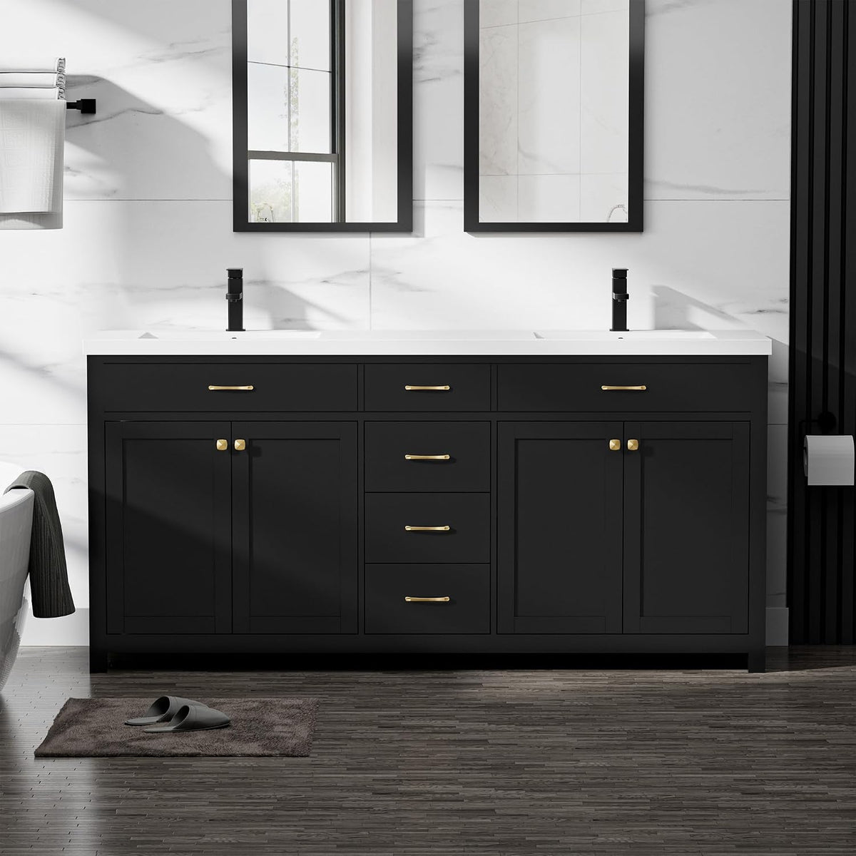 Close frontal view of a black vanity top with two rectangular sinks and matte black faucets.