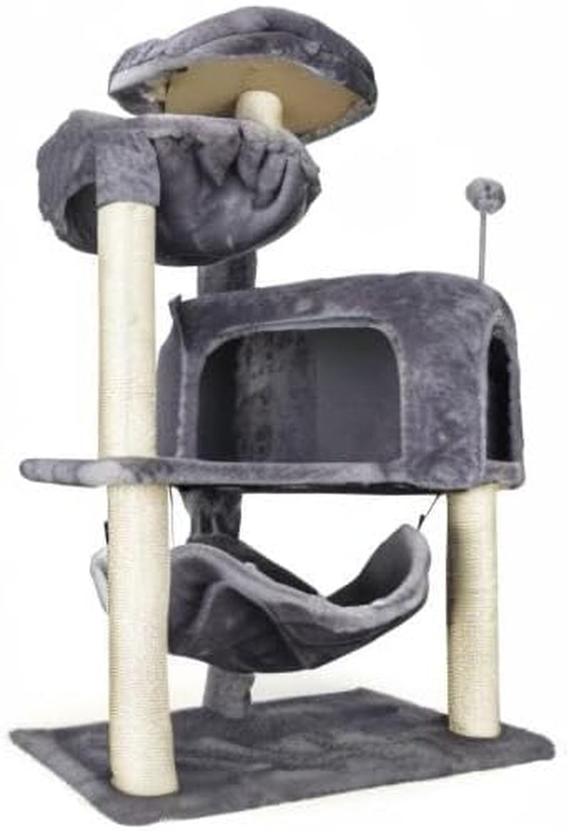 Front view of a grey cat tree showing top perch, condo, hammock and sisal-wrapped posts.