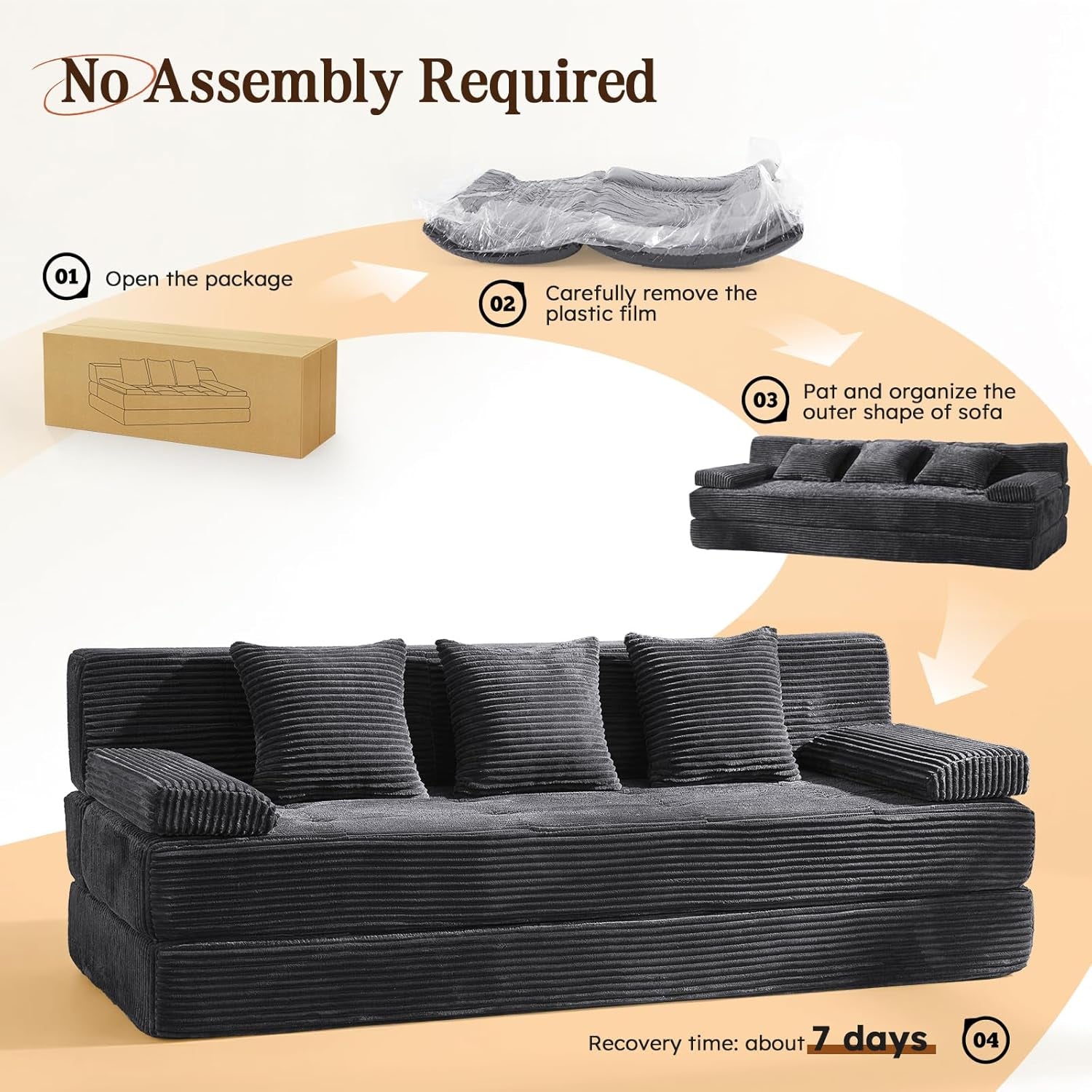 Grey corduroy sofa shown compressed in packaging and expanded with three pillows and two armrests