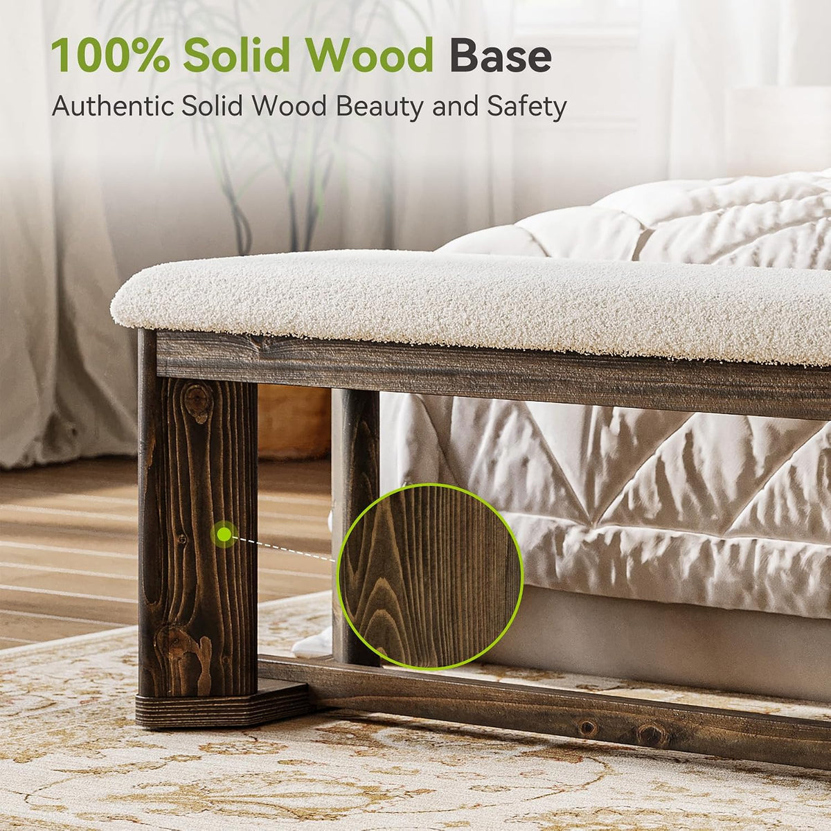 Close-up of the bench leg and lower stretcher showing dark stained wood grain under the white cushion