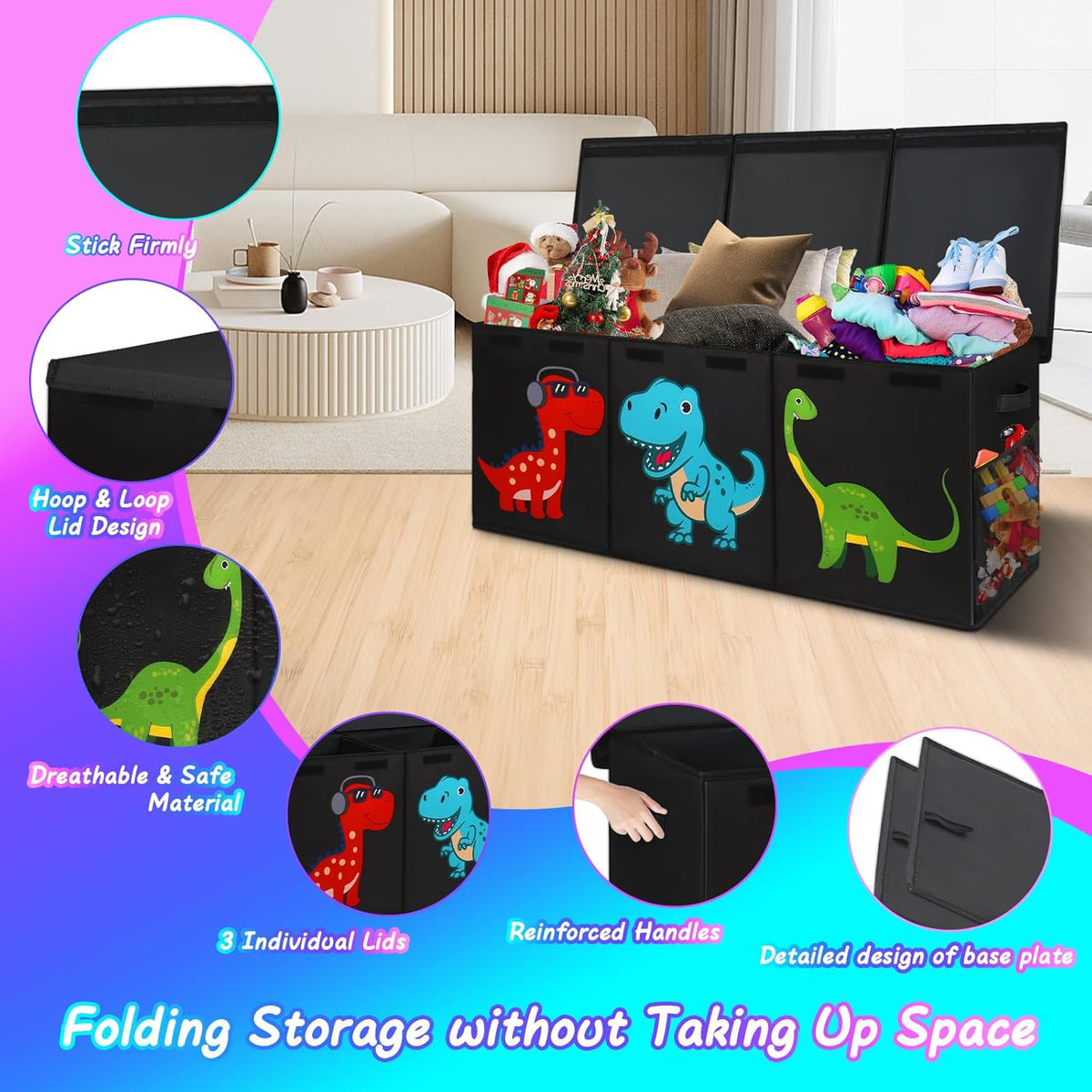 Three-compartment black toy chest with dinosaur graphics and open lids, filled with toys in a living room setting.